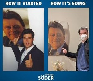 Zweimal Markus Maggus CSU Soeder, einmal als junger Politiker vor einem Plakat von FJS; einmal 2024.
Erstes überschrieben mit "HOW IT STARTED", zweites: "HOW IT'S GOING"