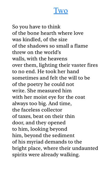 Text of poem -

Two.
So you have to think of the bone hearth where love was kindled, of the size
of the shadows so small a flame threw on the world's walls, with the heavens
over them, lighting their vaster fires to no end. He took her hand sometimes and felt the will to be of the poetry he could not write. She measured him with her moist eye for the coat always too big. And time, the faceless collector of taxes, beat on their thin door, and they opened to him, looking beyond him, beyond the sediment of his myriad demands to the bright place, where their undaunted spirits were already walking.