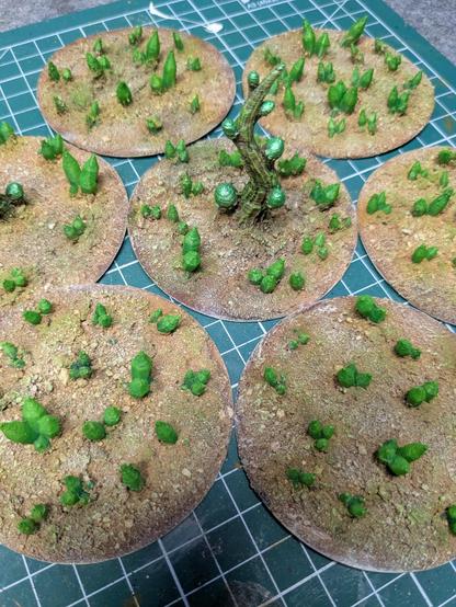 Handbemalte Basen für Fantasy- oder Science-Fiction-Tabletop-Spiele. Die Basen zeigen eine außerirdische oder magische Pflanzenwelt, ideal für Alien- oder Dungeon-Szenarien.