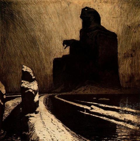 we see a monumental form, backlit by the sky, that looks like an Egyptian Pharoah on its throne.  Rather than an impassive blank posture, it is looking straight up ward and we see its hand in profile twisted in an awkward way.  there seems to be a lake with a packed earth roadway curving through it.