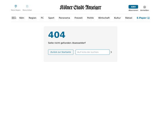 Bildschirmfoto der Webseite ksta . de / duesseldorf: "Fehlermeldung 404: Seite nicht gefunden"