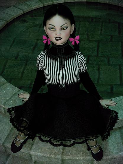 3D fan-art of cute girl Wednesday Addams wearing a pretty gothic style dress.