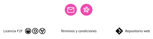 captura de pantalla del pie de página de la web de la furgo. Salen los iconos de mandar mail y el enlace a la cuenta de la furgo, y debajo, la licencia F2F con los tres iconos "atribución, compartir igual, transfeminista"; un título de "términos y condiciones" y un título de Repositorio web que enlaza al código fuente de la web.