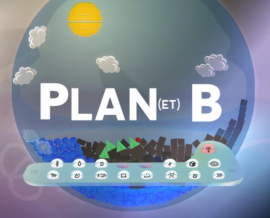 Screenshot del gioco: una bolla in cui è contenuto una specie di mondo in miniatura, con cubetti di terra, biglie d'acqua, alberelli, una mela, nuvolette e un sole. C'è scritto sopra «Plan(et) B». Sotto c'è un cruscotto con dei bottoni con icone misteriose, alcuni già premuti.
