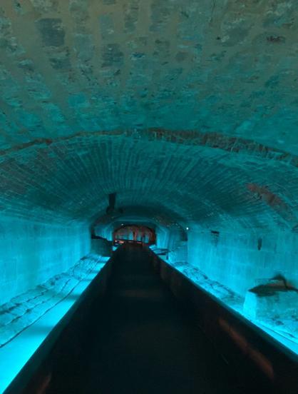 A long walkway in an underground segment of Pointe A Calliere. Bright blue lighting gives the space a watery atmosphere. Stone masonry creates the tunnel on the sides and ceiling.