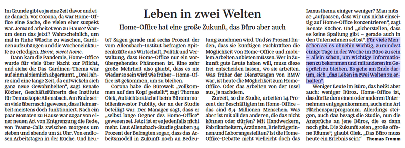 Screenshot vom Artikel aus der Süddeutschen Zeitung: Leben in zwei Welten. Vom Titelblatt vom 27. Januar 2023 

Home-Office hat eine große Zukunft, das Büro aber auch