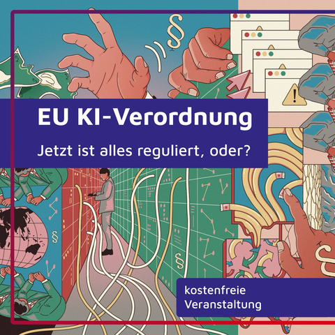 Eine grafische Kollage mit technischen Elementen die an Serverstrukturen erinnern. Darüber große Hände die danach zu greifen scheinen und zwischendrin kleine Paragraphenzeichen