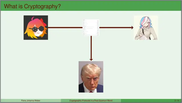 A slide titled “What is Cryptography?”

Below it three figures: The person on the logo of diyhrt.market on the left, a drawn woman with hair in the colors of the trans flag putting a document into her hand-bag (drawn by @ Paxiti on Xitter) on the right and Trump’s mugshot on the floor. An arrow goes from diyhrt.market to the trans woman, on top a (low-res) screenshot of their trusted homebrewers.

Also shown is an arrow from that list to Trump, indicating that he can read that list too, if it goes over the network.