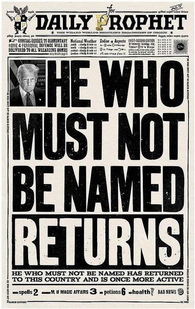 The image is a fictional newspaper front page from "The Daily Prophet," styled to resemble the wizarding newspaper from the Harry Potter series. The headline reads, "HE WHO MUST NOT BE NAMED RETURNS," in large, bold black letters. Below the headline, in smaller text, is additional content that states, "HE WHO MUST NOT BE NAMED HAS RETURNED TO THIS COUNTRY AND IS ONCE MORE ACTIVE." At the top, various minor subheadings and text sections detail different topics like weather and magical aspects. These are written in a mix of serif fonts in black ink. The newspaper's header includes ornate decorations and a logo that features owls and stars. In the upper left corner, there is a small grayscale image of a person. The overall aesthetic is designed to mimic an old-fashioned broadsheet.