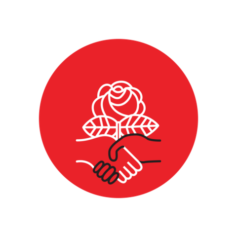 DSA logo, two hands clasped in a handshake one in white outline the other in black outline. Above them is a rose bud with two leaves, the points facing opposite directions. The background is a red circle