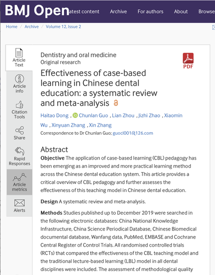 Dong, H., Guo, C., Zhou, L., Zhao, J., Wu, X., Zhang, X., & Zhang, X. (2022). Effectiveness of case-based learning in Chinese dental education: A systematic review and meta-analysis. BMJ Open, 12(2), e048497. https://doi.org/10.1136/bmjopen-2020-048497