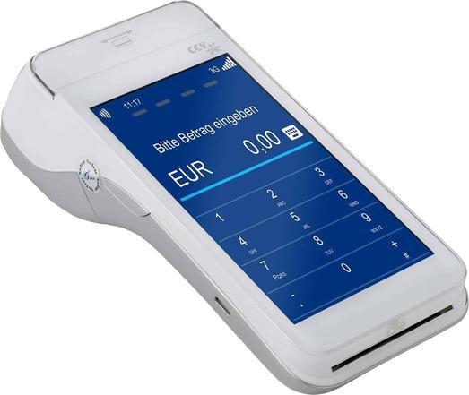 Beispielbild eines Zahlungsterminals mit Touchscreen-Display. Auf dem Bildschirm wird eine Eingabeaufforderung zur Eingabe eines Betrags in Euro angezeigt, mit einem dargestellten Ziffernblock und einem blauen Hintergrund. Das Gerät hat keine physische Tastatur.