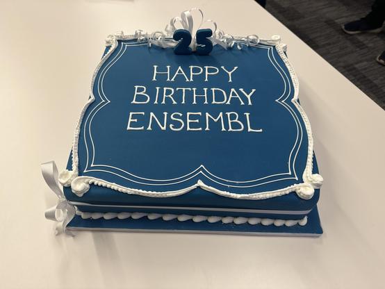 A large blue birthday cake. It says happy birthday Ensembl on it.