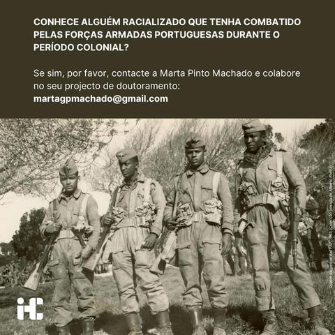 Fotografia de quatro sargentos das Forças Armadas Portuguesas, homens negros, fardados e armados, em 1965. A foto faz parte da colecção privada de Alberto Rocha. É encimada pelo texto “Conhece alguém radicalizado que tenha combatido pelas Forças Armadas Portuguesas durante o período colonial? Se sim, por favor contacte a Marta Pinto Machado e colabore no seu projecto de doutoramento: martagpmachado@gmail.com”