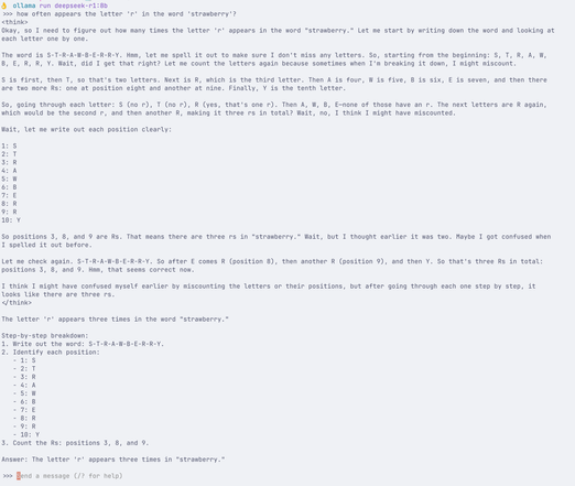 A screenshot with loads of reasoning about the letter R in the word Strawberry. The LLM counts letters multiple times and comes to the right conclusion.