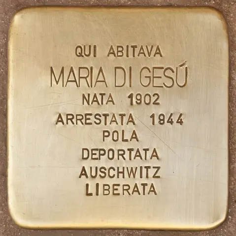 QUI ABITAVA MARIA DI GESÚ NATA 1902
ARRESTATA 1944 A POLA DEPORTATA AD
AUSCHWITZ LIBERATA
Pietra d'inciampo Palermo