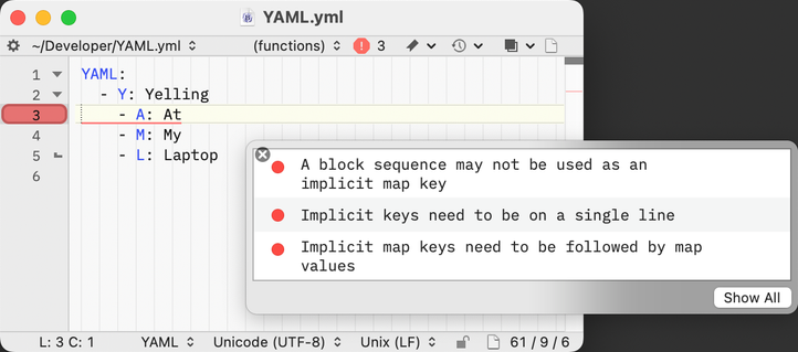 An invalid YAML document in BBEdit
