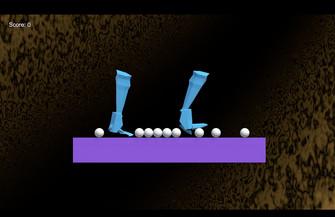 Screenshot of PWOP showing two disembodied, low-poly cyan hands trying to grasp some white bubbles on top of a magenta rectangle.