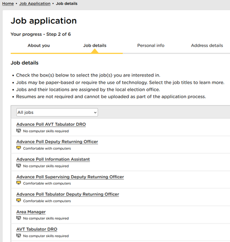 Screenshot of step 2 in linked page's application process, listing some of the open roles.