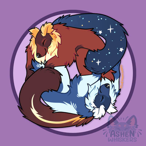 Art of two lemurs encircled symmetrically. They are respectively lightly day and night themed.