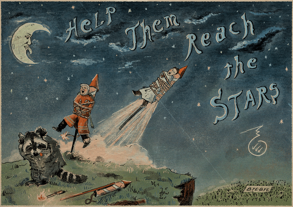 Vintage poster with a mischievous raccoon who sets off giant fireworks with Trump and Musk attached to propel them into the stars. 
The two fascists are dressed in kkk outfits and very unhappy. The raccoon covers its ears while Musk takes off and Trump prepares to take off. A text reads "Help them reach the stars".