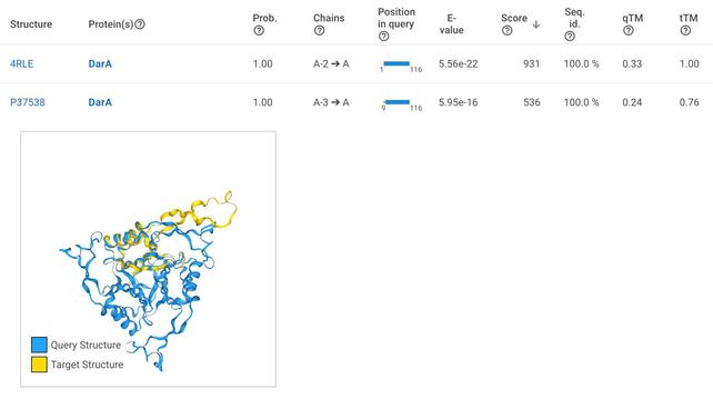 A screenshot of the results table of a Foldseek search on SubtiWiki. It shows multiple entries and corresponding metrics. One of the rows is expanded, revealing a 3D visualization of a superimposition of the target and the query structure corresponding to the search hit.