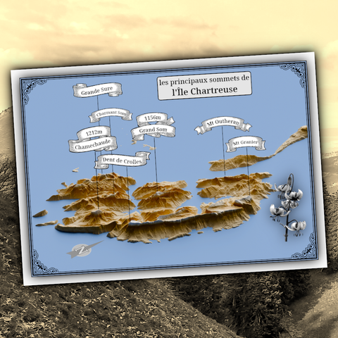 reproduction d'un projet de carte postale où on voit le massif de la Chartreuse en perspective, avec un niveau de la mer simulé à mille mètres au-dessus du niveau réel. Le massif est devenu une île.