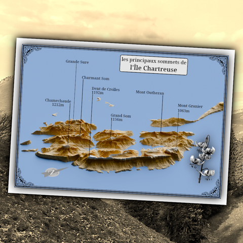 reproduction d'un projet de carte postale où on voit le massif de la Chartreuse en perspective, avec un niveau de la mer simulé à mille mètres au-dessus du niveau réel. Le massif est devenu une île.
