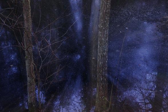 A choosen section of two tree trunks in the foreground, one to the left and one just to the right of the center of the photo. The surface has a lot of newly melted ice that makes it look like stardust that together with the zoom during second exposure. It reminds a bit of an exploding star in space because the surface is reflecting the sky above and makes it deep blue.