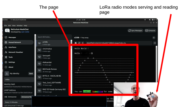 edited image from video showing how a radio rnode can by used to serve and read a page, the page is shown in the reticulum meshChat software GUI