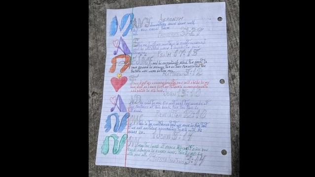 Photo of a sheet of lined notebook paper. Down the left margin is written "Mariann" in fancy print, with each letter a different color. To the right of each letter is a Bible verse starting with that letter. Two verses are from the Old Testament, and five are from the New Testament.