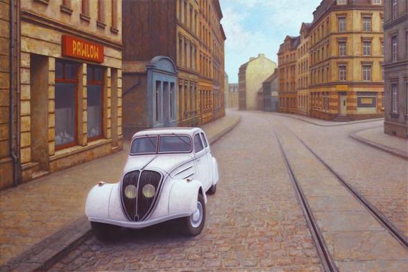 Gemälde Öl auf Leinwand 100cm x 150cm, eine menschenleere Straße mit gründerzeitlichen Altbauten und Straßenbahnschienen, im Vordergrund ein einziges parkendes Auto, ein weißer Peugeot 402, schräg dahinter ein Ladenlokal mit der Beschriftung "Pawlow".