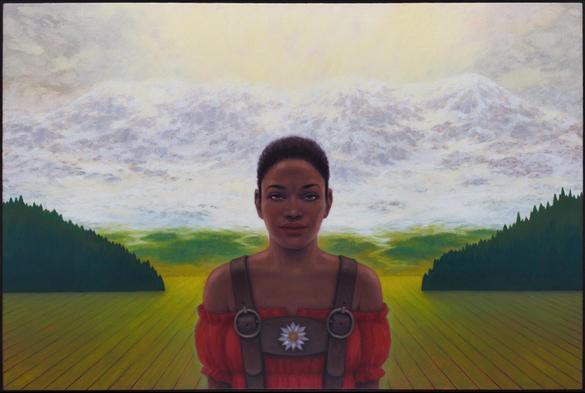 Bild in Öl auf Leinwand 80cm x 120cm. Portrait einer schwarzen Dame mit roter Dirndlbluse und Lederhose mit breiten Hosenträgern, darauf eine Edelweißblüten-Applikation. Im Hintergrund eine Wand, zugleich eine Bergpanorama, ein schneebedeckter Gebirgszug mit leuchtendem Himmel darüber, davor die Kulissen eines Waldes auf einem grünen Dielenboden. Das Bild spielt mit der Illusion von Drinnen und Draußen und alpinen Klischees.