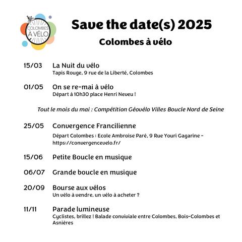 Principales dates de l'année 2025 pour Colombes à vélo. Texte dans la publication.