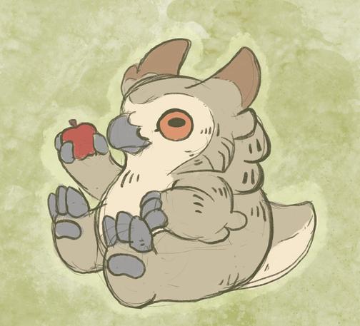 A drawing of an owl bear that’s sitting down, holding up an apple