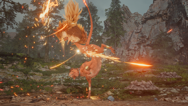 screenshot from Final Fantasy 7 Rebirth showing Red in combat. He's standing upside down on one foreleg in a rather dramatic pose while kicking an enemy creature in the face and up into the air