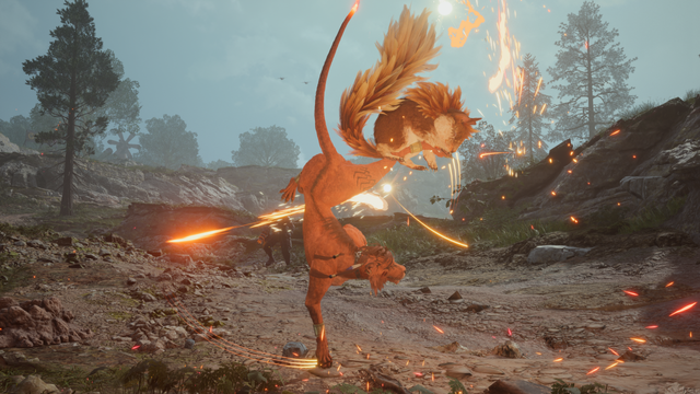 another screenshot of the same scene from the previous image, but this time taken from behind so you see Red's back while he punts the poor enemy creature