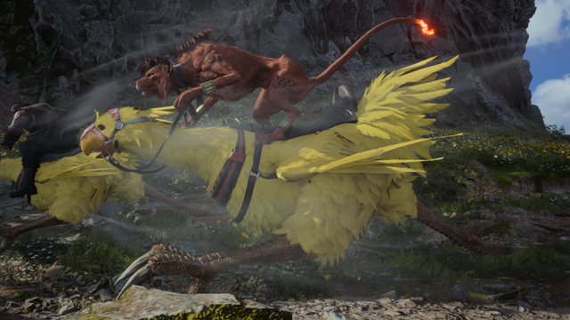 screenshot from Final Fantasy 7 Rebirth showing Red riding on a chocobo. in this image the chocobo is sprinting with head down and forward, and Red is standing dramatically on their back holding the reins