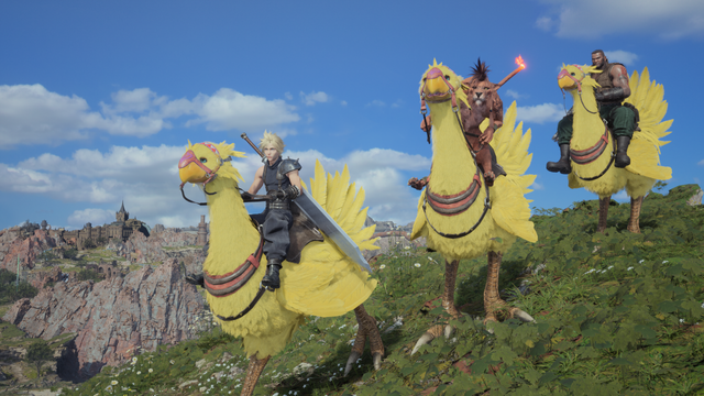 screenshot from Final Fantasy 7 Rebirth showing Red riding on a chocobo. in this image he's with Cloud and Barret all on their own chocobos standing on a grassy hill with rocky hills and blue skies in the background