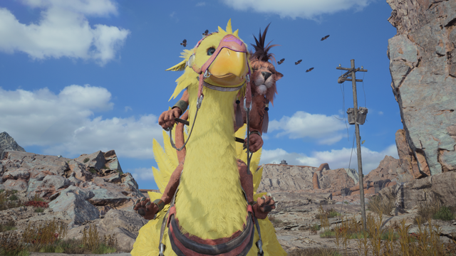 screenshot from Final Fantasy 7 Rebirth showing Red riding on a chocobo. in this image it's from the front of the chocobo so you can see the chocobo's cute smiling beak and Red's head seemingly nuzzled alongside