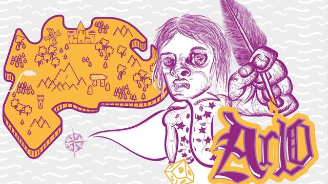 In a the background, a yellow island in wavy see of light lilac. The contour of the island is purple and we can see windmill, forest, mountains and tower, as well as a dolmen.

In the middle ground a person can be see holding a quill holding it towards the viewer, drawn in a sketchy way, in purple.

In the foreground, we can see a purple and yellow graffiti spelling ARLO in calligraphy letters with the ink dripping from the quill.

A D10 can be seen in foreground in yellow.