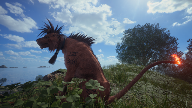 screenshot from Final Fantasy 7 Rebirth showing Red sitting on a grassy hill with partly cloudy blue sky and blue sea in the background. his mane is so spiky and pretty.