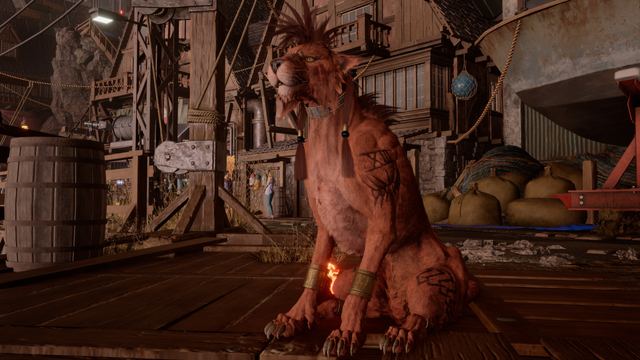 screenshot from Final Fantasy 7 Rebirth showing Red sitting down being all pretty and stuff with a cluttered fishing village in the background
