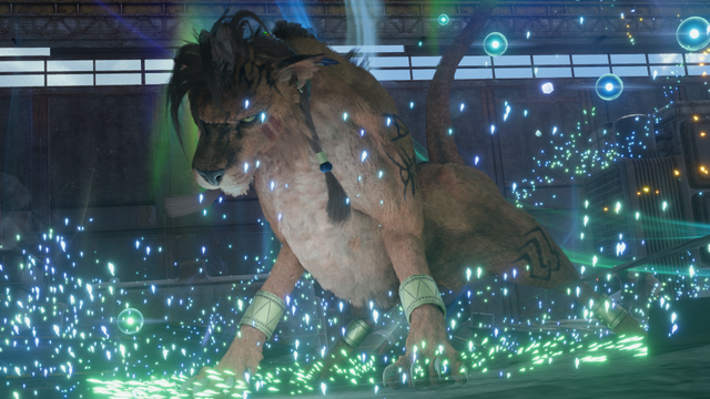 screenshot from Final Fantasy 7 Rebirth showing Red looking intense with a bunch of magic stuff in the air