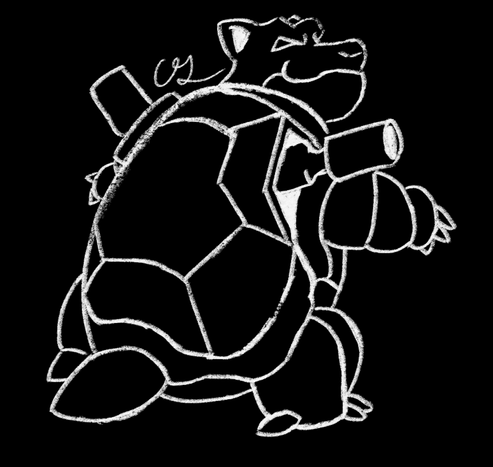 Black and white digital chalk drawing of the Pokémon Blastoise.