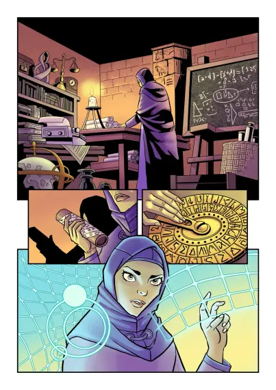 A comic page of a woman looking at various cypher tools from different eras.