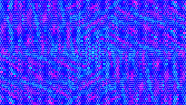 A pattern of small interlocking hexagons exhibit six-fold radial symmetry. The predominant color is a medium blue but there are highlights of light blue and pink. It reminds me of a video game from the 1980's.