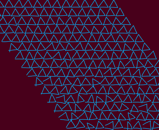 A slanted grid of triangles, light blue on a dark red background. Each row gets more and more unhinged until they're barely triangles anymore.