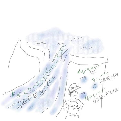 A dam filled with water representing the US budget has a huge hole through which the massive defense budget flows, while a figure in a DOGE hardhat and Occupy Mars t- shirt stares at three small holes representing the Aid, Research, and Welfare budgets.
