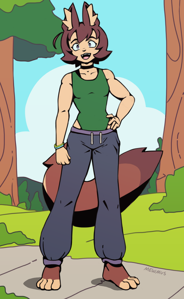 A demi-wolf girl standing on a pathway outside. She is smiling and looking at the viewer.